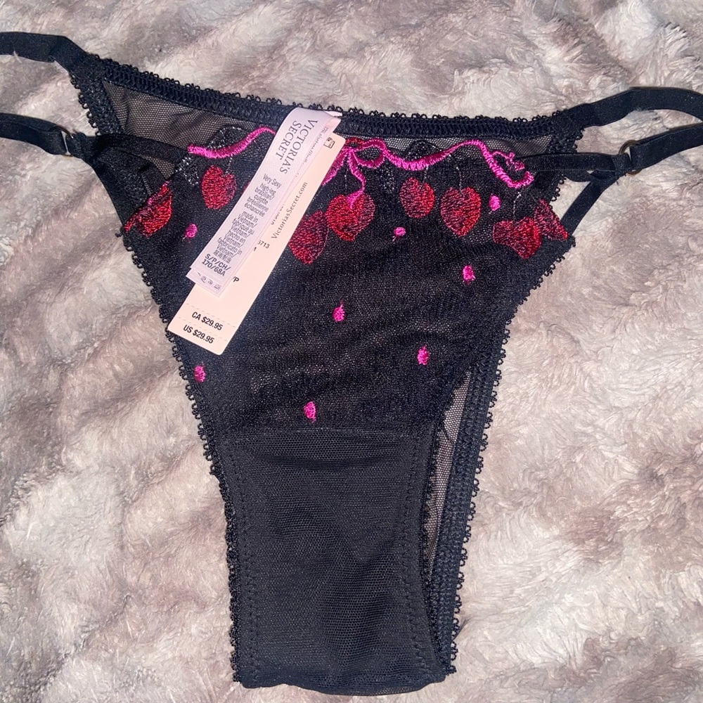 Victoria's Secret Black and Red Embroidered Panty